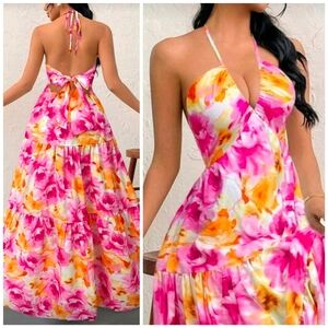 New Boho Halter Tie Back Tiered Floral Maxi Dress Pink Yellow Orange White